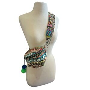 Steve Madden Cancun Belt Bag Colorful Beads Crossbody Fanny Pack Textile W/Puffs